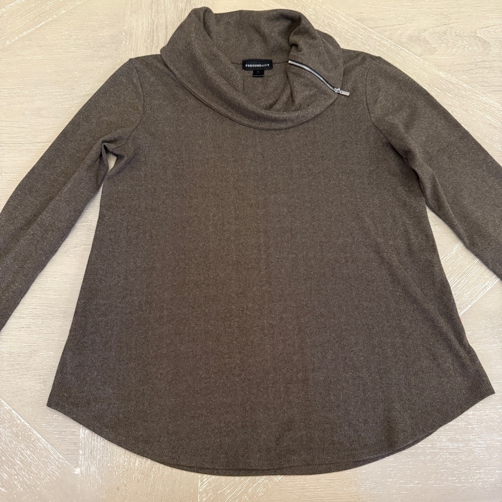 Fortune + Ivy Brown/Olive Green Cowl Neck Zip Accent SUPER SOFT Sweater